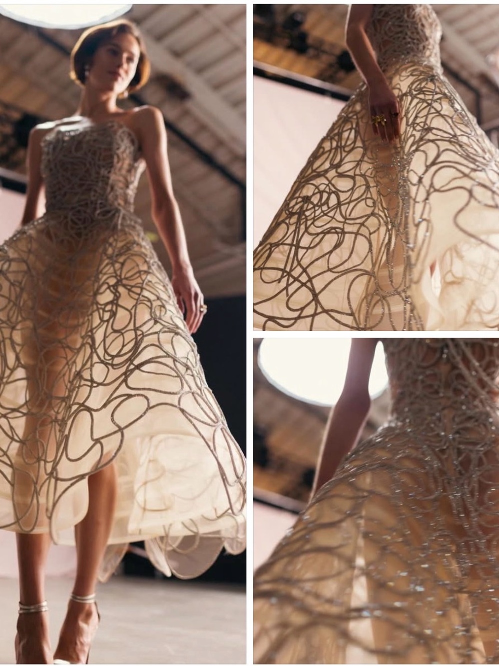 Oscar de la Renta Beige and Silver Strapless Dress